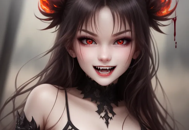 A  girl, Dangerous beauty, pale skin, red fire in the eyes, Intimidating Smile, fangs, fangs, Looks intently, desire to possess, black, Blood-red, hiquality, Detailed study, tmasterpiece