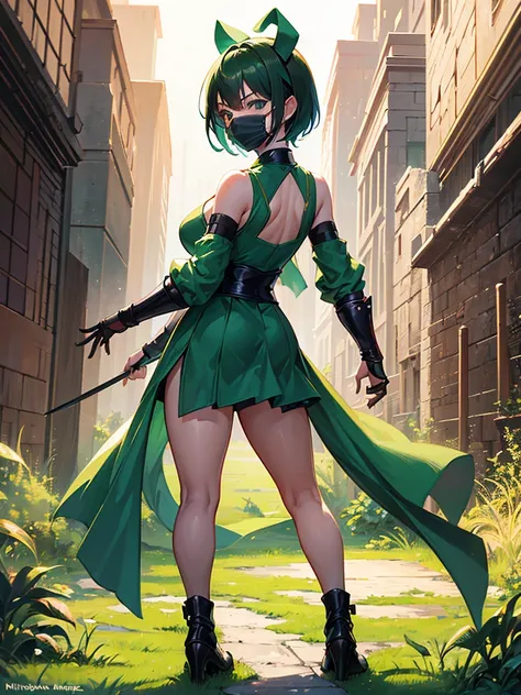 top-quality, Top image quality, ​masterpiece, full body portrait, Standing, backgroun ruin temple, Kitana ninja girl Outfit, Green ninja, Short hair, green cover mouth mask