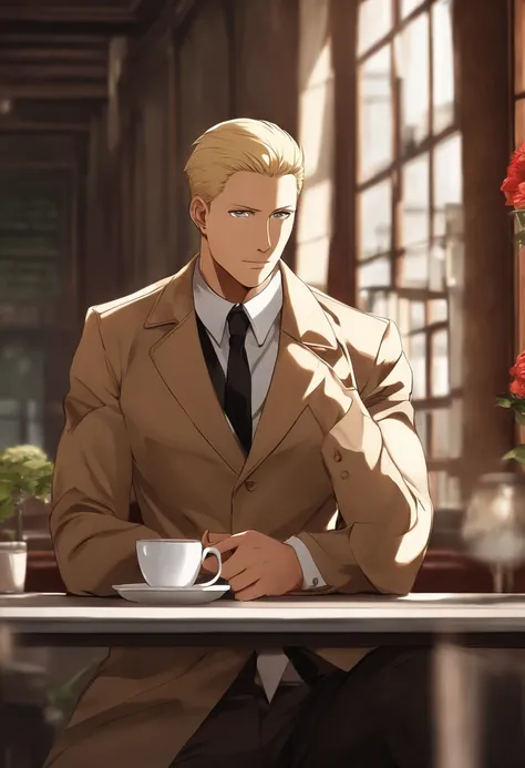 A photo of Reiner sitting at a small cafe table, holding a warm cup of coffee with a distant look in his eyes.,Attack on Titan,Reiner Braun is tall, buff, with very short blonde hair and a very short stubble goatee, small amber eyes, thin eyebrows, very ma...