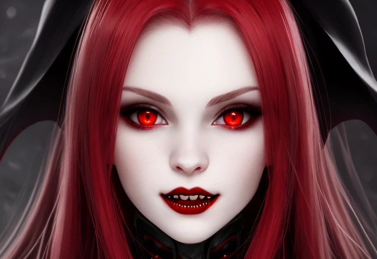 Vampire Girl, Dangerous beauty, pale skin, red fire in the eyes, Intimidating Smile, fangs, Looks intently, desire to possess, black, Blood-red, hiquality, Detailed study, tmasterpiece