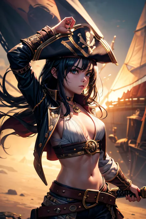 young girl, pirate captain, evil look, ripped clothes,combat stance, wielding a sword,  long pirate coat, pirate hat, highly detailed, vibrant appearance, creative behavior, extremly detailed, imaginative, sensual, spontaneous, highest quality, skin textur...