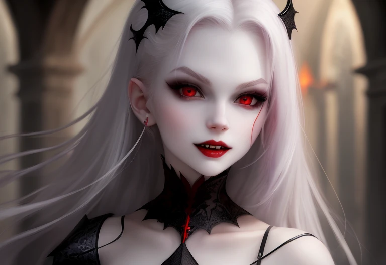 Vampire Girl, Dangerous beauty, pale skin, red fire in the eyes, Intimidating Smile, fangs, Looks intently, desire to possess, black, Blood-red, hiquality, Detailed study, tmasterpiece