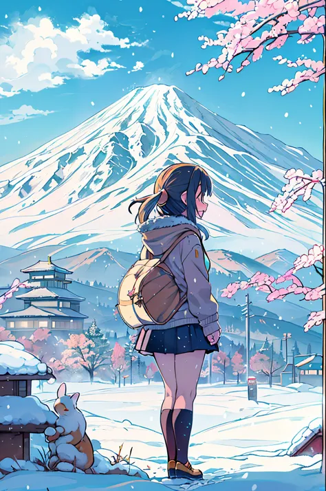 masutepiece、Anime character standing in the snow with mountains in the background, in style of kyoto animation, kyoto animation still, Anime Girls, Kyoto Animation, two beautiful anime girls, a-1 pictures, High School Girls, Happy!!!, kyoto animation key v...