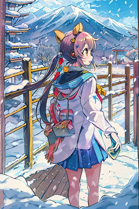 masutepiece、Anime character standing in the snow with mountains in the background, in style of kyoto animation, kyoto animation still, Anime Girls, Kyoto Animation, two beautiful anime girls, a-1 pictures, High School Girls, Happy!!!, kyoto animation key v...