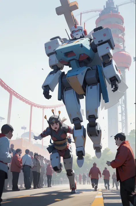 (outdoor, Theme park, park, gigantic Japanese robots:1.3), panorama, (crowd:1.3, panicking:1.3, running:1.3), masterpiece, best quality, 8k, perfect anatomy