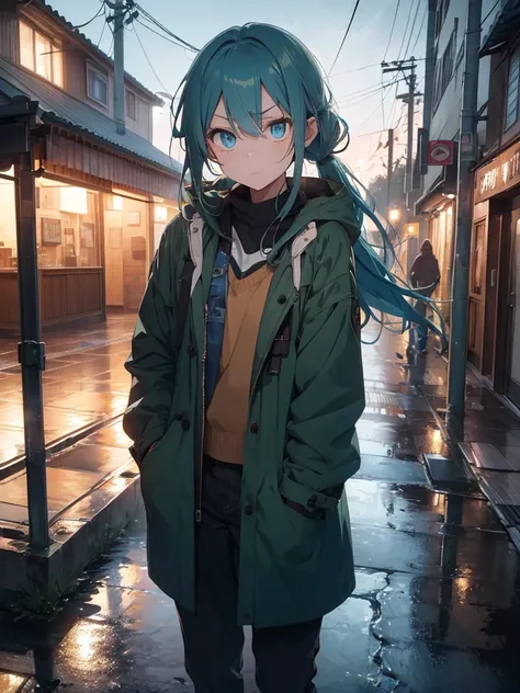 1boy,long blue green hair,blue eyes,wearing brown blue jacket coat,denim pants ,dark rainy night alone,absurdres,high res,ultrasharp,8k,masterpiece, looking at viewer,sad,depressed,long face,