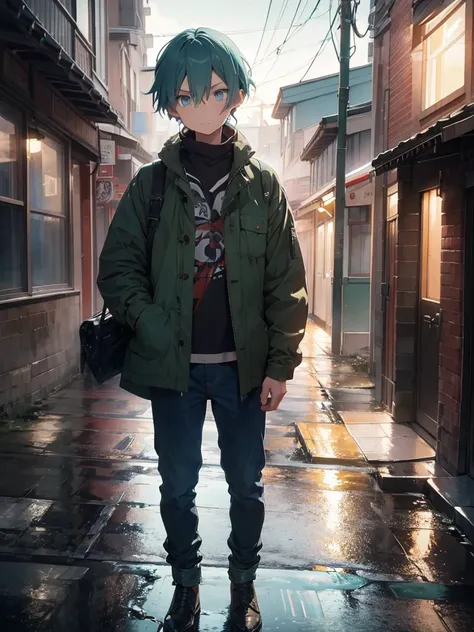 1boy,long blue green hair,blue eyes,wearing brown blue jacket coat,denim pants ,dark rainy night alone,absurdres,high res,ultrasharp,8k,masterpiece, looking at viewer,sad,depressed,long face,