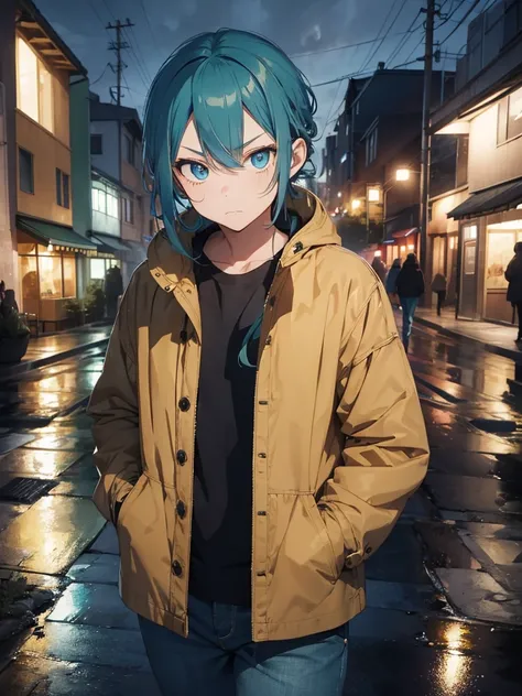 1boy,long blue green hair,blue eyes,wearing brown blue jacket coat,denim pants ,dark rainy night alone,absurdres,high res,ultrasharp,8k,masterpiece, looking at viewer,sad,depressed,long face,