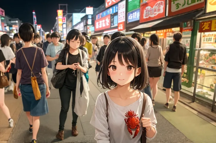 A girl walking with a crab on her shoulders in Dotonbori in the evening