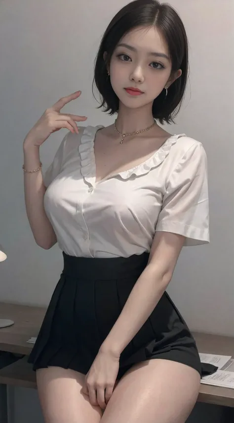 8K Raw photograph, A high resolution, 14 years old Korean, Eternal,posterior view,Very large round breasts,eBlue eyes, Lop, Formal shirts, formal skirt, Superskirt,show panties,The mouth is thin, duck mouth, Grinning,, holding her skirt,Domineering posture...