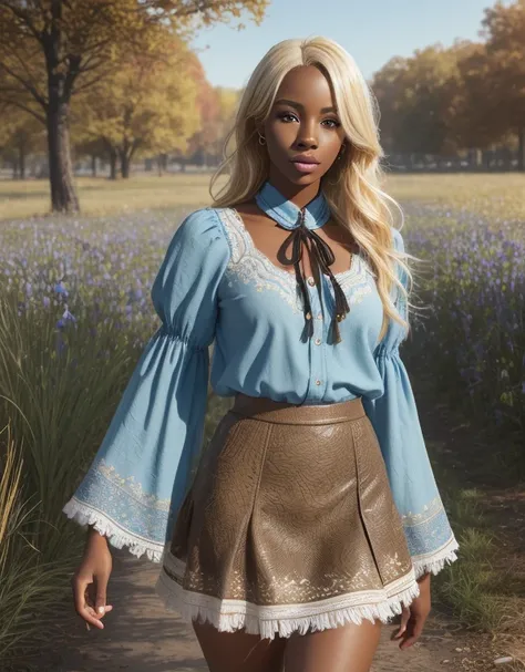 A beautiful black girl ((lifelike skin texture)) with brown eyes (( cute short bleached blonde hair)) cute lips and a sharp nose, new autumn product is a sweet style blue  bell sleeve butterfly print tassel sexy  skirt )) UHD, Ultra high resolution, qualit...