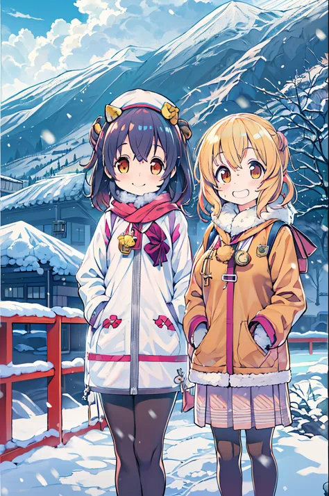 masutepiece、Anime character standing in the snow with mountains in the background, in style of kyoto animation, kyoto animation still, Anime Girls, Kyoto Animation, two beautiful anime girls, a-1 pictures, High School Girls, Happy!!!, kyoto animation key v...