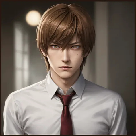 light yagami, kira, 1boy, malefic eyes, detailed evil face, evil expression, fringe on forehead, photorealistic style, light brown hair, light brown eyes, 25 years old, thin body, japonese