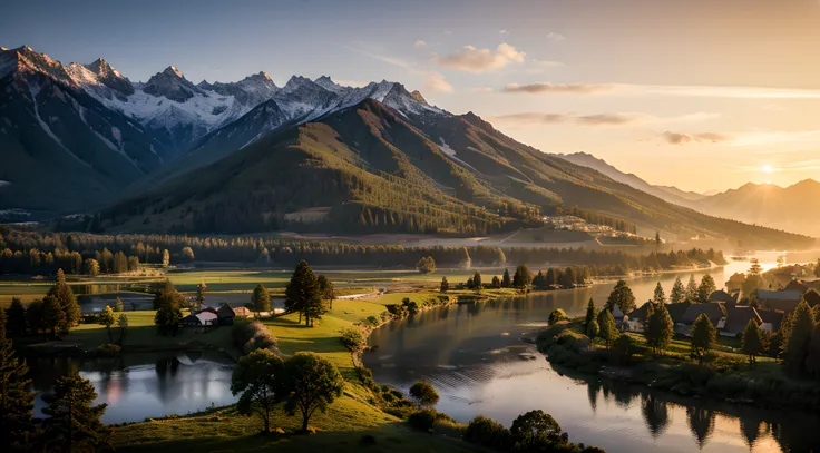 mountains in the distance, sunrise, trees, river