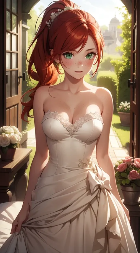 1girl, natural lighting, masterpiece, highly detailed, illustration, game CG, absurdres, high quality, bed, redhead, green eyes, freckles, glossy lips, blush, ponytail, strapless wedding dress, (garden), light smile, (full body)