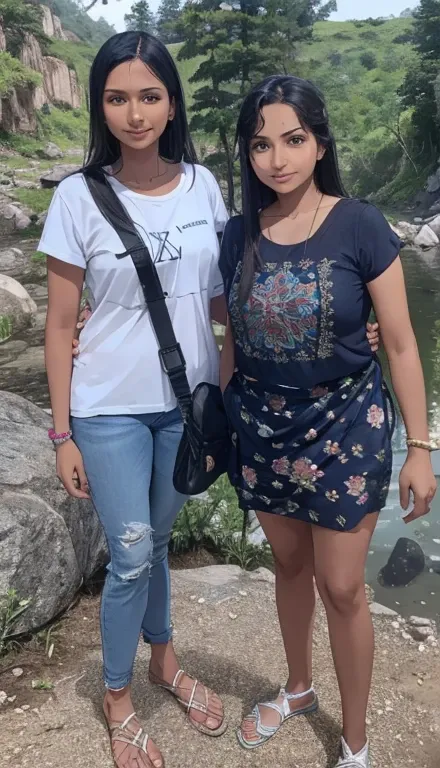 Beautiful indian sisters standing with a nature background