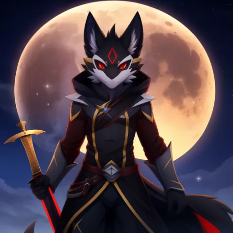 Protogens, Black fur and red eyes, soft coat, body detailed, holding a sword in one hand ,overcast sky, star, full moon, dusk