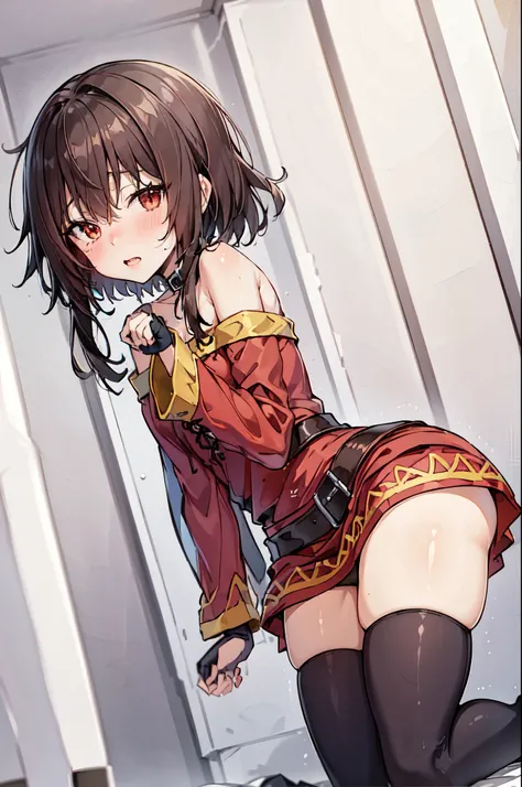 ((highly accurate))、((high-detail))、((4k CG))、Anime girl kneeling on the floor in a short skirt and red tie, anime look of a cute girl, CG Art Soft Animation, Beautiful high school student anime girl, the anime girl is crouching, Megumin girl in cute Konos...