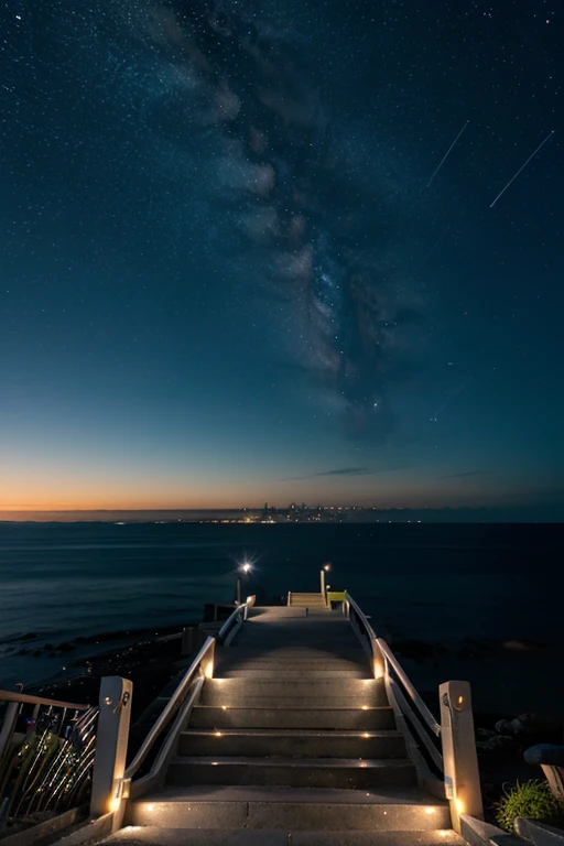 clear sky , night , stars , white stairs to heaven , sea side