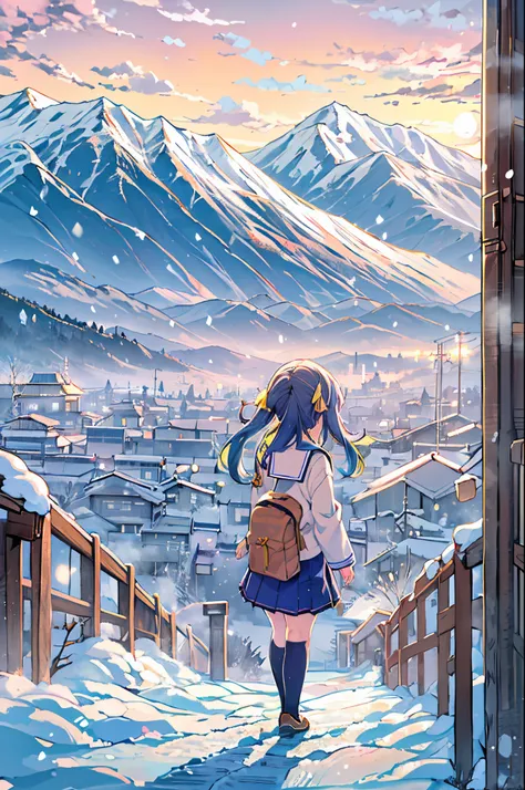 masutepiece、Anime character standing in the snow with mountains in the background, in style of kyoto animation, kyoto animation still, Anime Girls, Kyoto Animation, two beautiful anime girls, a-1 pictures, High School Girls, Happy!!!, kyoto animation key v...