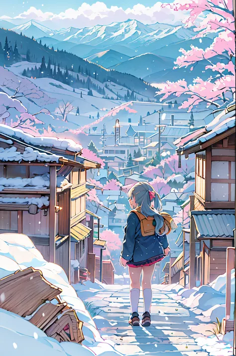 masutepiece、Anime character standing in the snow with mountains in the background, in style of kyoto animation, kyoto animation still, Anime Girls, Kyoto Animation, two beautiful anime girls, a-1 pictures, High School Girls, Happy!!!, kyoto animation key v...