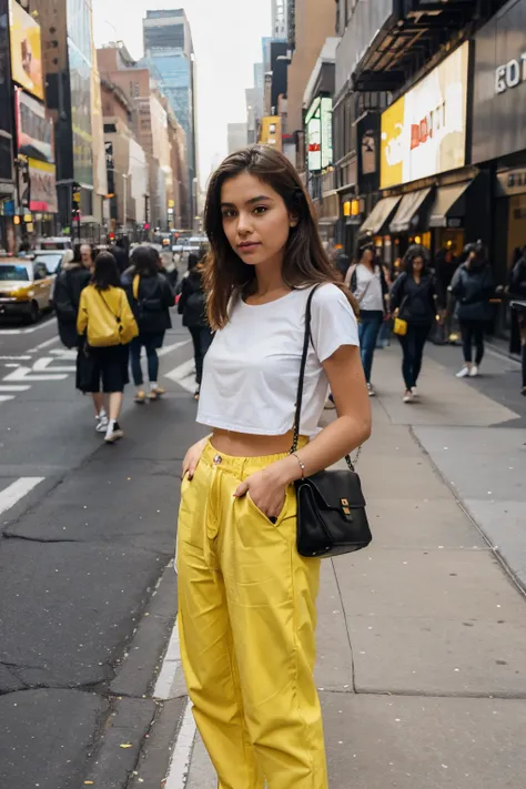 girl with yellow pant at new york city, people around