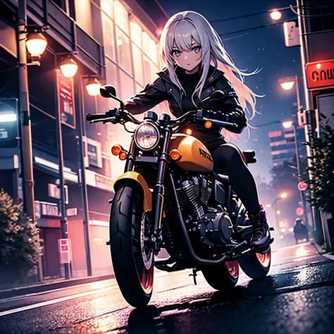 motorcycle, road, girl, high quality, night mood, night, dark, detailed