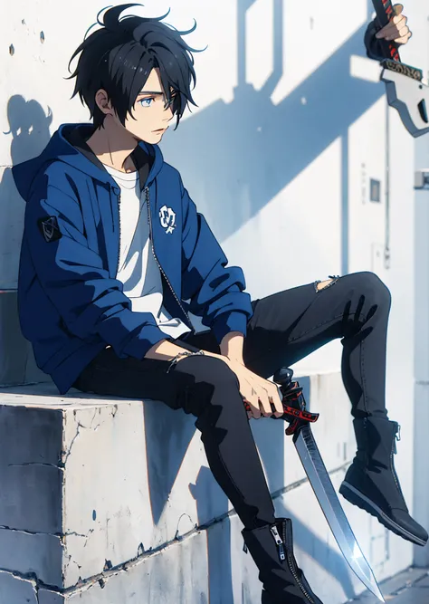 Teenage boy, black hair, emo hair style, blue zip hoodie, bold blue eyes, carrys a sword, black ripped jeans, boots