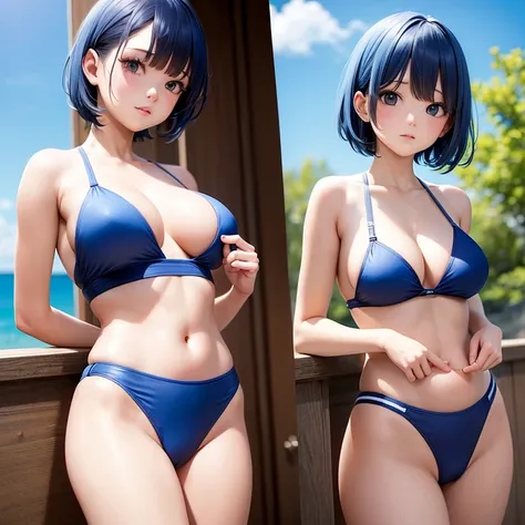 girl with、huge tit、A swimsuit with a small fabric area is exposed.、Blue-haired shorthair、Im shy