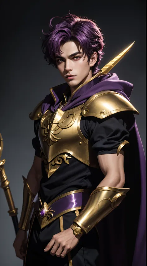 (absurdres, highres, ultra detailed, HDR), masterpiece, best quality, "magic knight rayearth" Character handsome boy in dark outfit short hair wearing detailed headgear purple hair