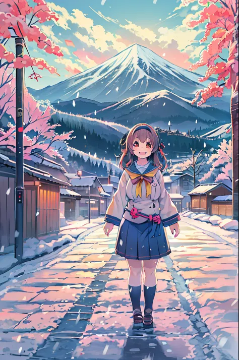 masutepiece、Anime character standing in the snow with mountains in the background, in style of kyoto animation, kyoto animation still, Anime Girls, Kyoto Animation, two beautiful anime girls, a-1 pictures, High School Girls, Happy!!!, kyoto animation key v...