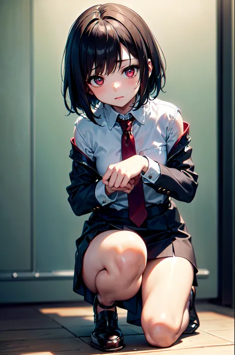 ((highly accurate))、((high-detail))、((4k CG))、Anime girl kneeling on the floor in a short skirt and red tie、Cute little girl s、the anime girl is crouching、Beautiful anime girl squats、Anime Moe、((Beautiful red eyes))、((8K Eyes))、brown haired、short-haired、((...