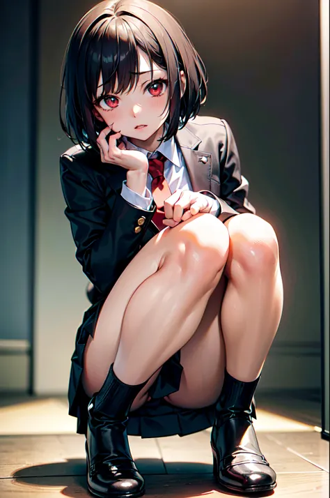 ((highly accurate))、((high-detail))、((4k CG))、Anime girl kneeling on the floor in a short skirt and red tie、Cute little girl s、the anime girl is crouching、Beautiful anime girl squats、Anime Moe、((Beautiful red eyes))、((8K Eyes))、brown haired、short-haired、((...