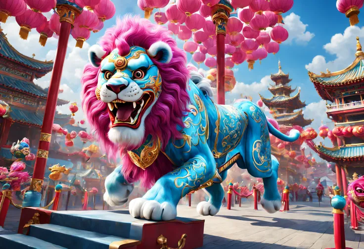 (Cloisonné theme park lion dance background），Trip，dreamland dreamland，ultra-realistic realism，Asymmetrical balance ，( magenta ）Carmine＋( blue white colors ）Blue-cyan＋( tin foil gold ）golden colored，pixar character