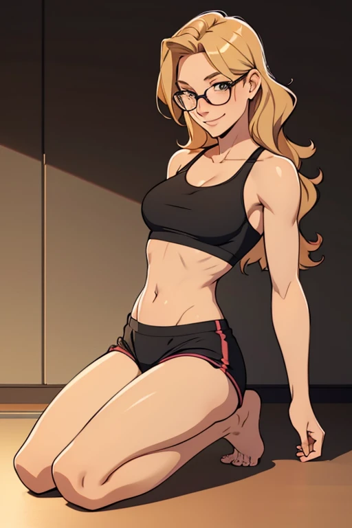 A beautiful barefootwoman with short wavy strawberry-blonde hair, wearing  black sportsbra and  sports shorts and glasses, kneeling, looking happy.