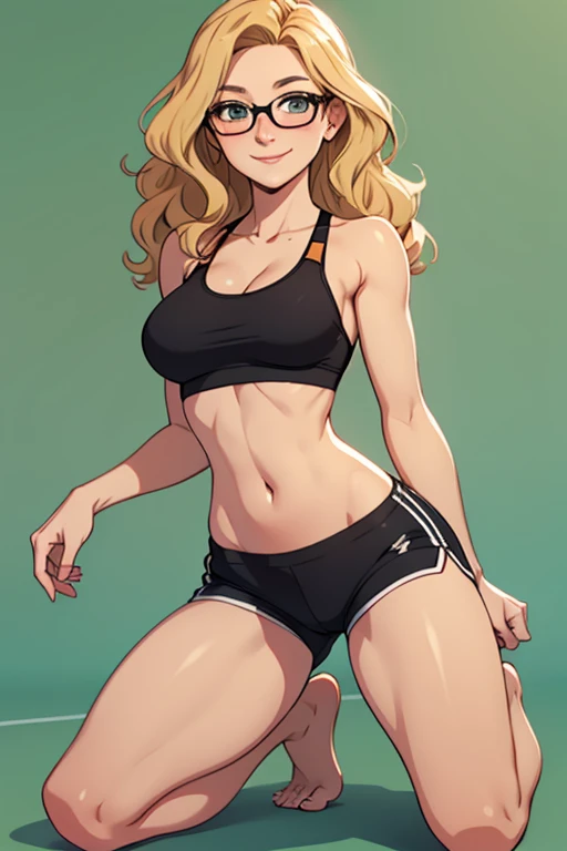 A beautiful barefootwoman with short wavy strawberry-blonde hair, wearing  black sportsbra and  sports shorts and glasses, kneeling, looking happy.