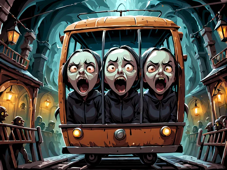 (symmetrical:1.3), (cute cartoon style:1.3), (solo:1.3), (side view:1.3), screaming people (((inside a trolley that emerges from the gaping maw of a giant eerie face))), railway attraction, surrounded by the haunting ambiance of a gothic theme park, myster...