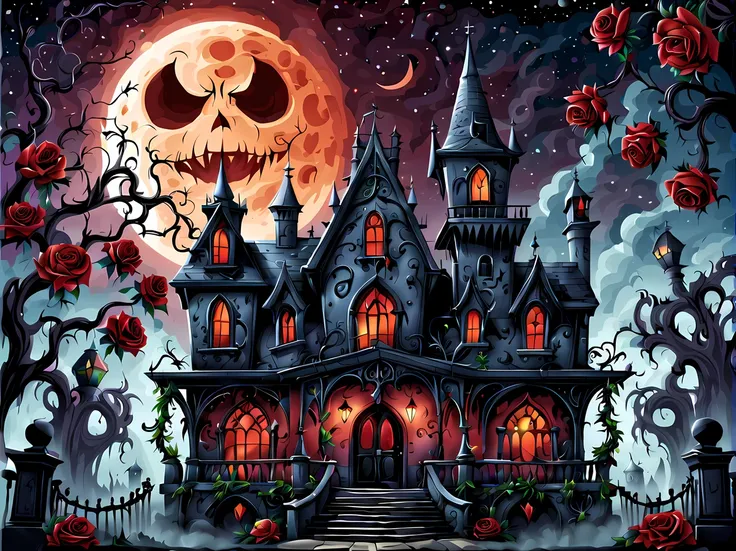 (symmetrical:1.3), (cute cartoon style:1.3), haunted mansion in the center gothic theme park, its imposing silhouette rises agai...