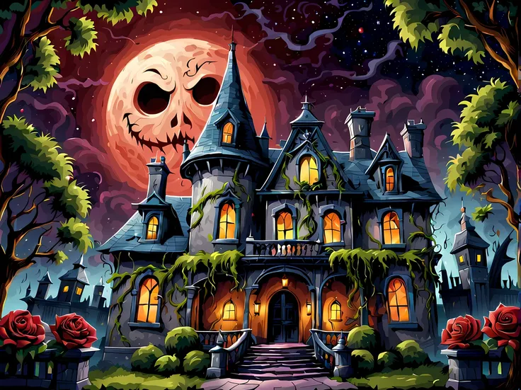 (symmetrical:1.3), (cute cartoon style:1.3), haunted mansion in the center ohic theme park), its imposing silhouette rises again...