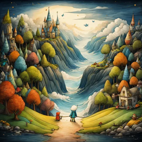 This picture represents the moment when the main character steps into the mysterious world of clouds. A character with a facial expression that conveys excitement and surprise.
The painting depicts a part of a fairyland to express the atmosphere of that w...