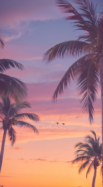 sunset, miami, palm trees, three seagulls in the distance