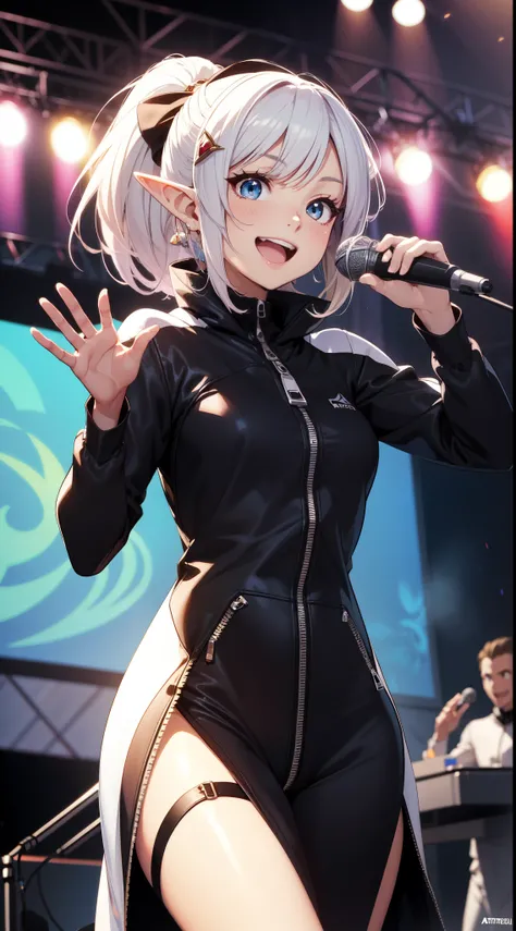 1 elf girl, iolite eyes, hair accessories, (smile:1.1), ponytail, open mouth, corsage, (full-length zipper kigurumi:1.1), waving, jumping, holding microphone, stage, depth of field, blurry background, sharp focus, looking at viewer, cowboy shot, art style ...