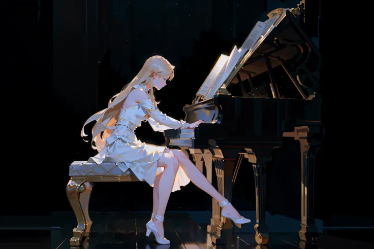 Full body standing painting,(Drawing of girl playing piano), white dresses,Mandy Jurgens (Mandy Jürgens) Realistic paintings created, Perverted, arte figurativa, Detailed depiction of the, realistically, a work of art, contours, seen from the side, simple ...