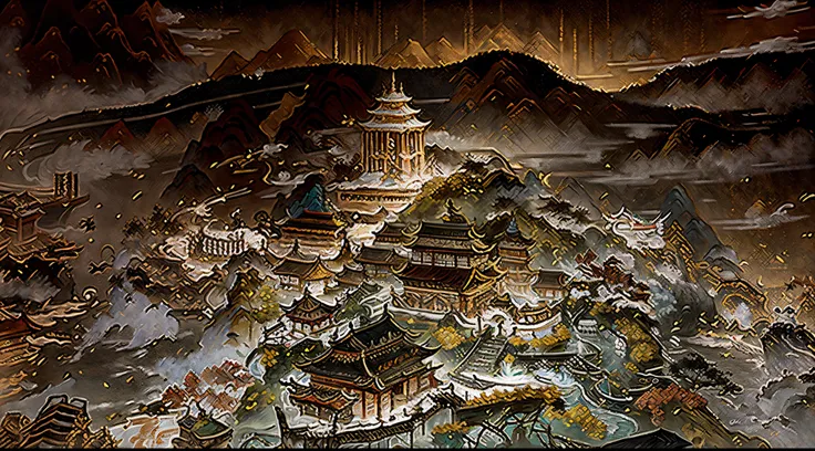 ancient chinese painting, ancient chinese background, mountains, river, auspicious clouds, pavilions, sunlight, masterpiece, super detail, epic composition, ultra hd, high quality, extremely detailed, official art, unified 8k wallpaper, super detail, 32k