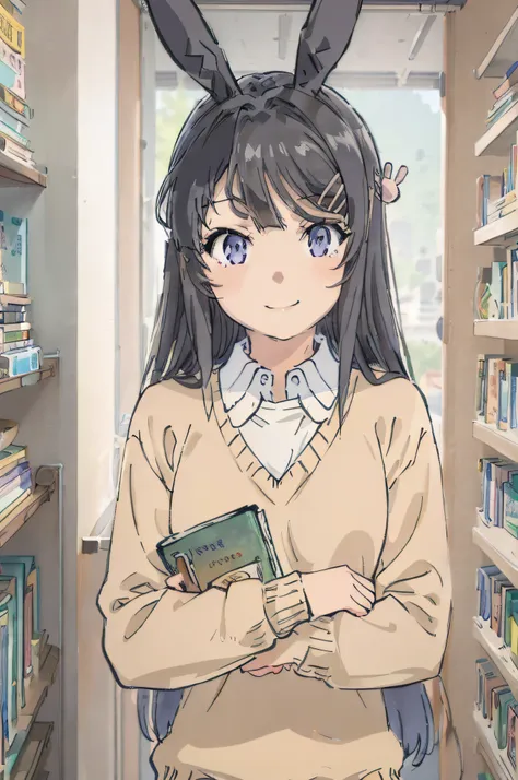 high-school uniform、brown sweater、fold hand with、having a book