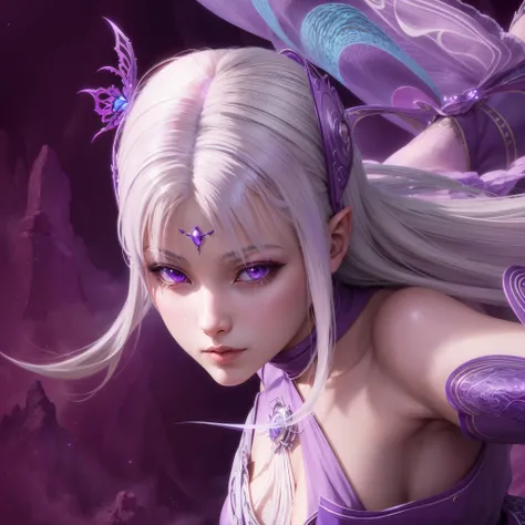 Anime girl with white hair and purple skirt posing for photo, 2. 5D CGI anime fantasy artwork, Digital fantasy art ), Beautiful elf with violet skin, Beautiful digital artwork, detailed fantasy digital art, beautiful fantasy art, amazing fantasy art, digit...