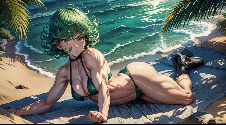 (((1 girl))), (Tatsumaki of a punch man), (short green hair), (green eyes), small chest, (((wearing bikini))), (full body view), (in hot sunny beach), (((lying on the beach))), (((muscular legs))), thin waist, abdominal muscles, big ass, black high-heeled ...