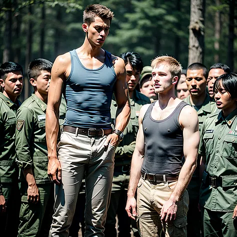 incredibly tall young white man with tight military t-shirt, a group of short soldiers, background is woods, still photograph