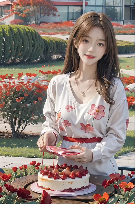 Standing in a vast meadow filled with red flowers、stands in a flowering field、Create an image of a happy 28 year old brunette woman with messy hair。. She smiled、presents a birthday cake to the viewer on the table。, With a bright orange color scheme. I&#39;...