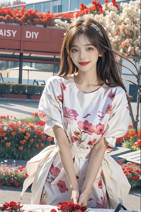 Standing in a vast meadow filled with red flowers、stands in a flowering field、Create an image of a happy 28 year old brunette woman with messy hair。. She smiled、presents a birthday cake to the viewer on the table。, With a bright orange color scheme. I&#39;...